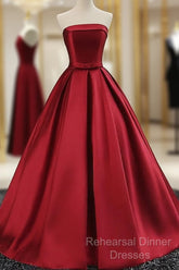 Beautiful Satin Scoop Floor Length Ball Semi Formal Prom Dress , Dark Red Sweet 16 Gown